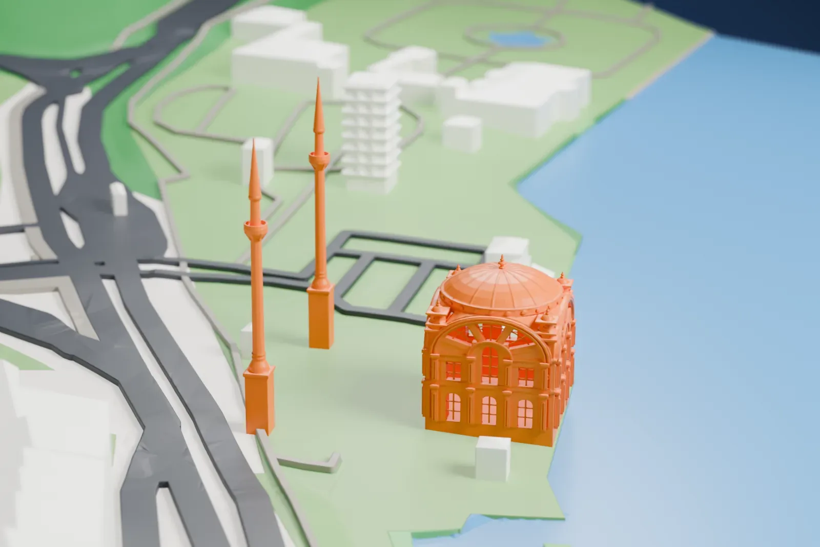 A white 3D print of the Dolmabahçe Mosque among the surrounding streets and buildings.