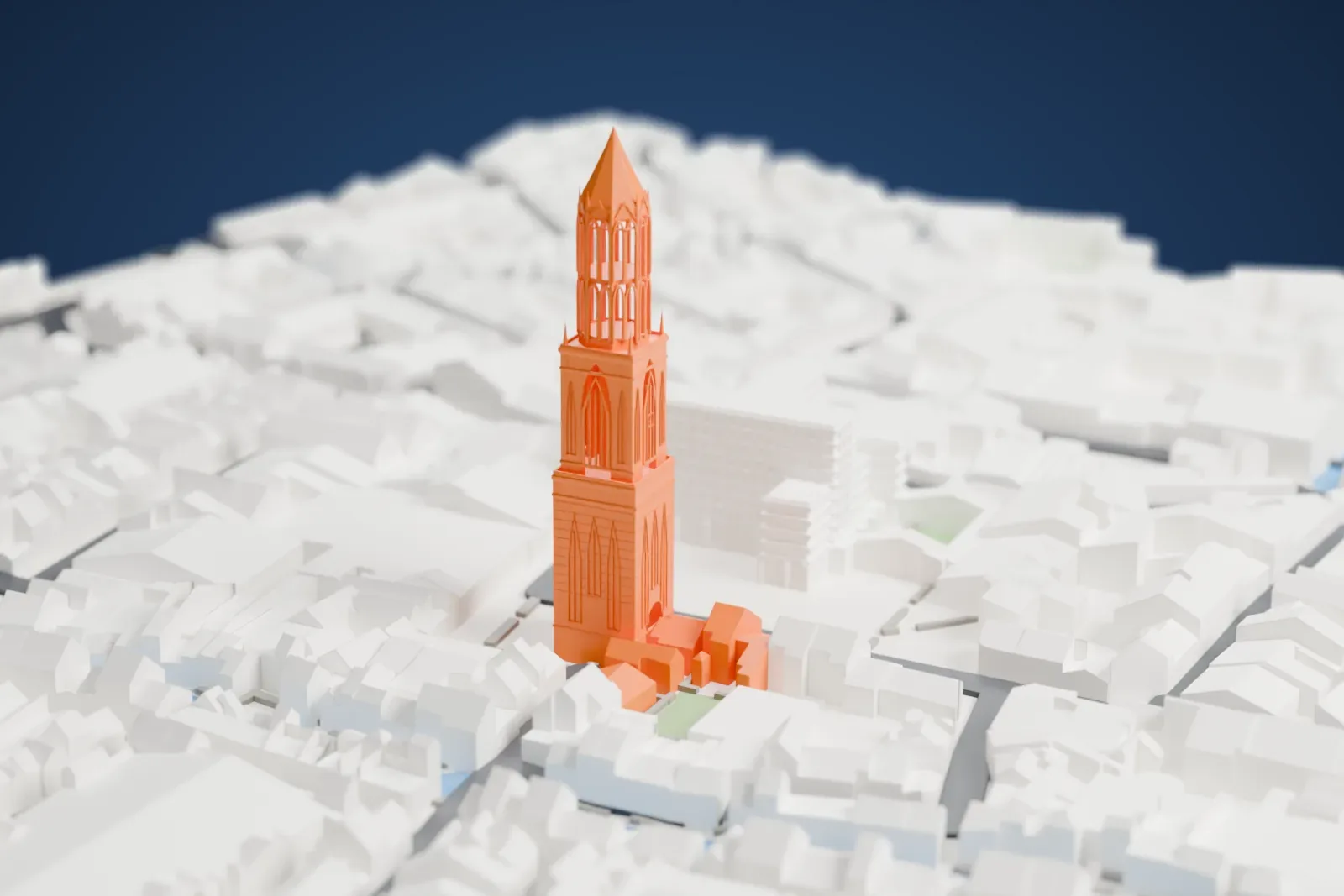 A white 3D print of the Dom Tower, a tall tower with pointed-arch windows, an open lantern and a sharp spire, rising out of closely packed city buildings beside a narrow waterway.