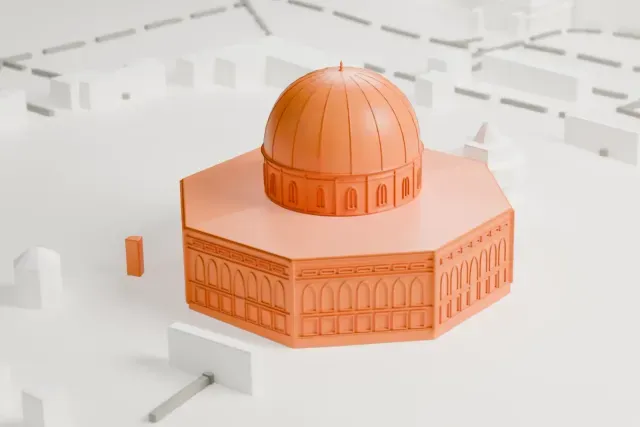 A white 3D print of the Dome of the Rock, an octagonal building with a large ribbed dome, standing in an open gray courtyard with small domed structures around it.