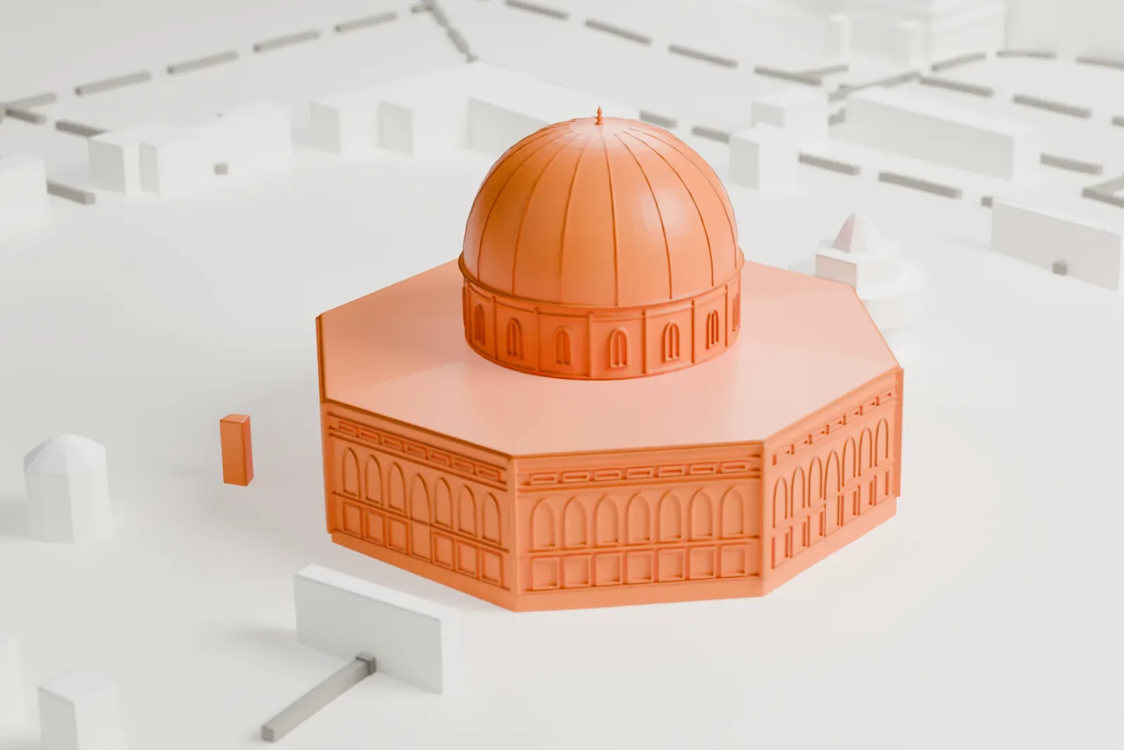 A white 3D print of the Dome of the Rock, an octagonal building with a large ribbed dome, standing in an open gray courtyard with small domed structures around it.