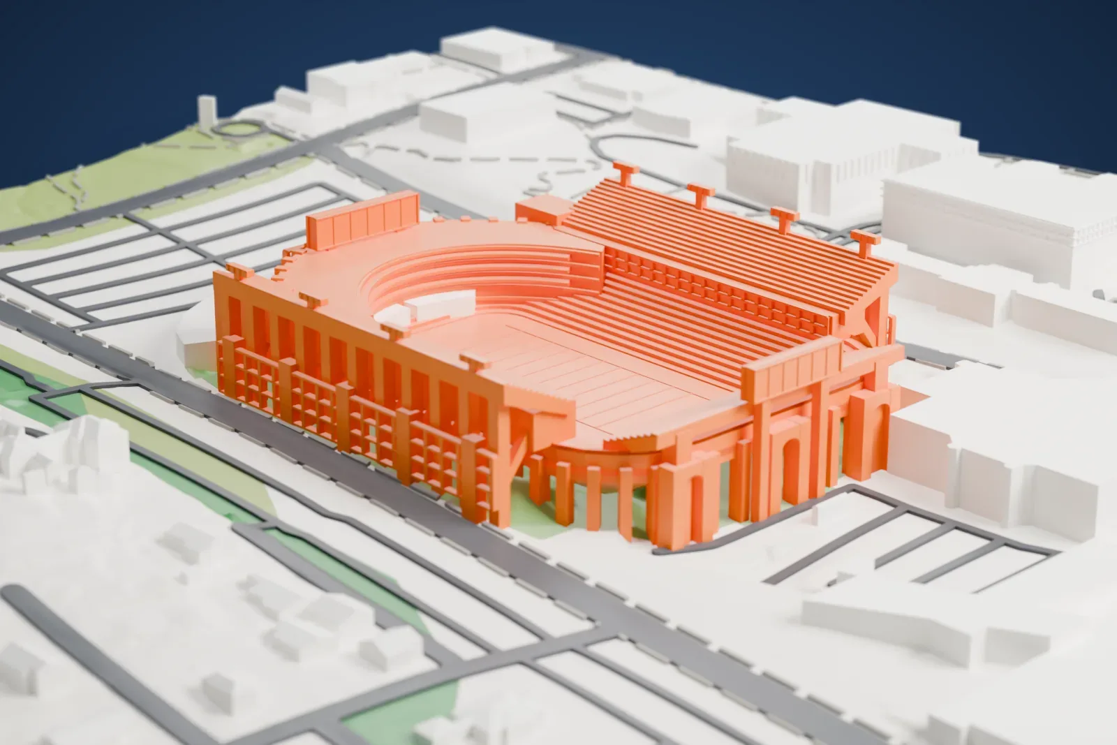 A white 3D print of the Donald W. Reynolds Razorback Stadium with its open, tiered bowl among surrounding buildings, roads, and green spaces.