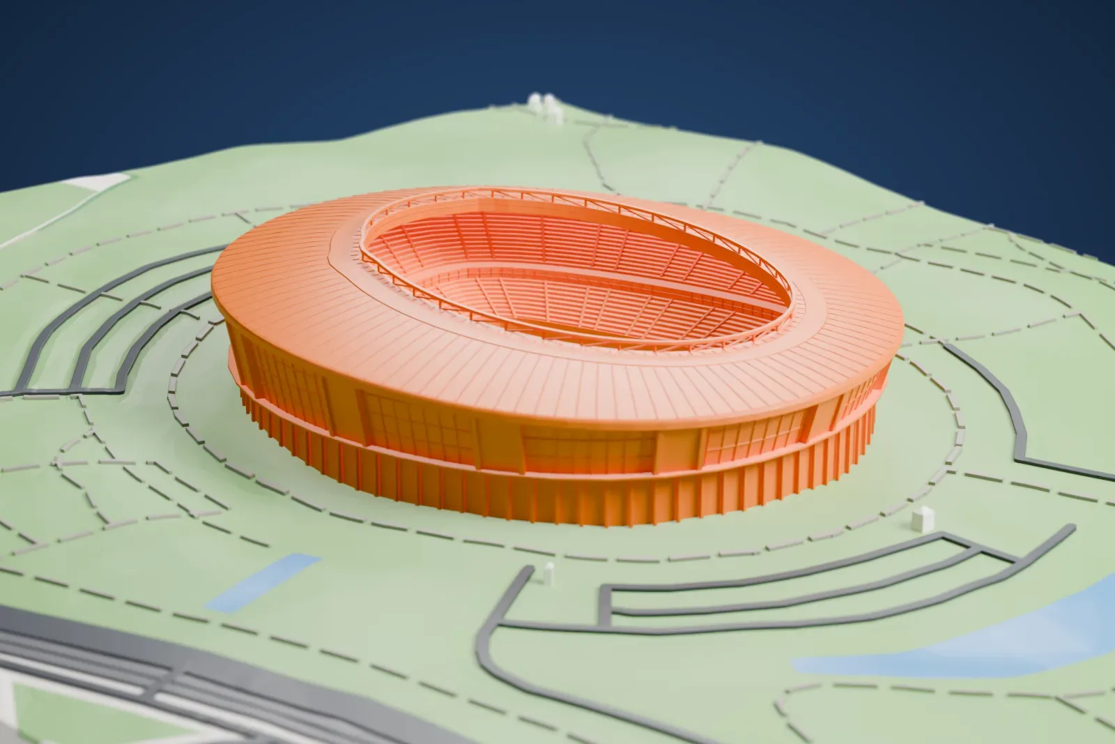 A white 3D print of Donbas Arena, an oval stadium with a rounded roof ring tilted from one end to the other above a leaning glass wall, among the surrounding city.
