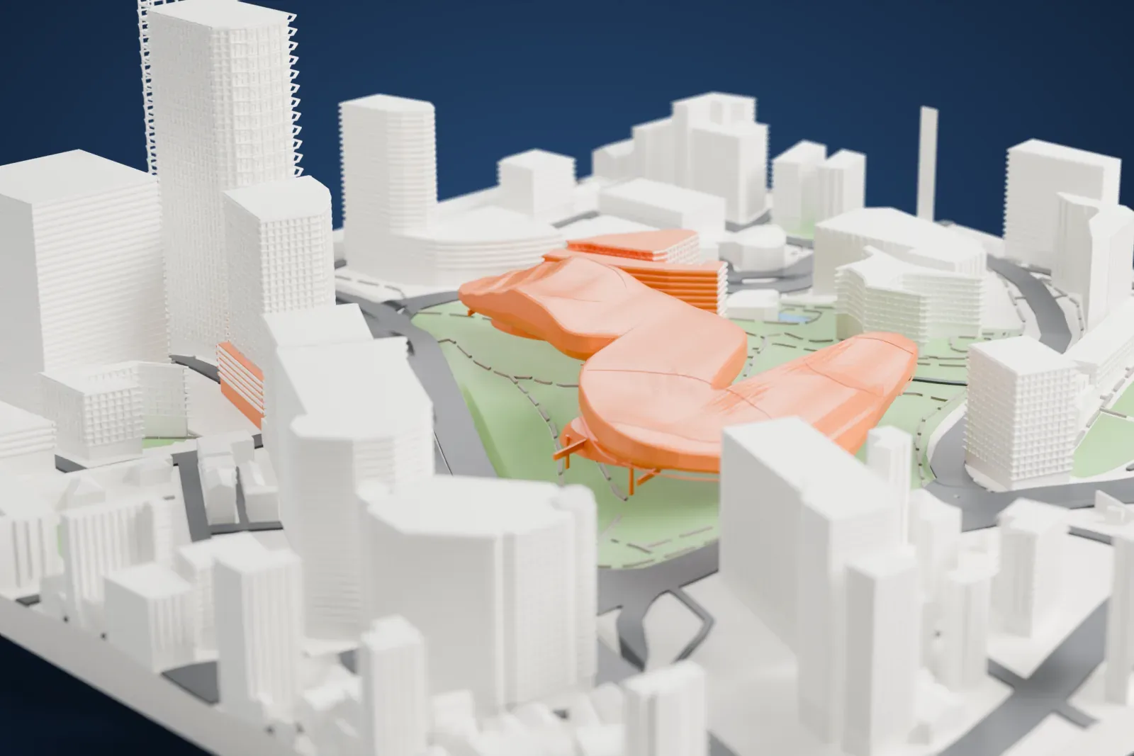 A white 3D print of Dongdaemun Design Plaza, a long low building of smooth curving forms in a green park, with taller buildings and roads around it.