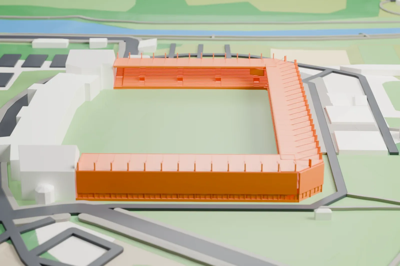A white 3D print of the Doosan Arena, a low U of covered stands around an open pitch, with louvered facades, in the surrounding city.