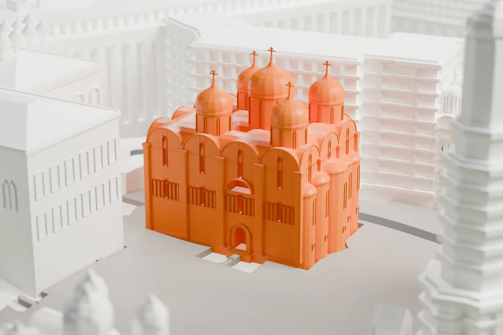 A white 3D print of the Dormition Cathedral in Moscow, with the surrounding streets and buildings around it.