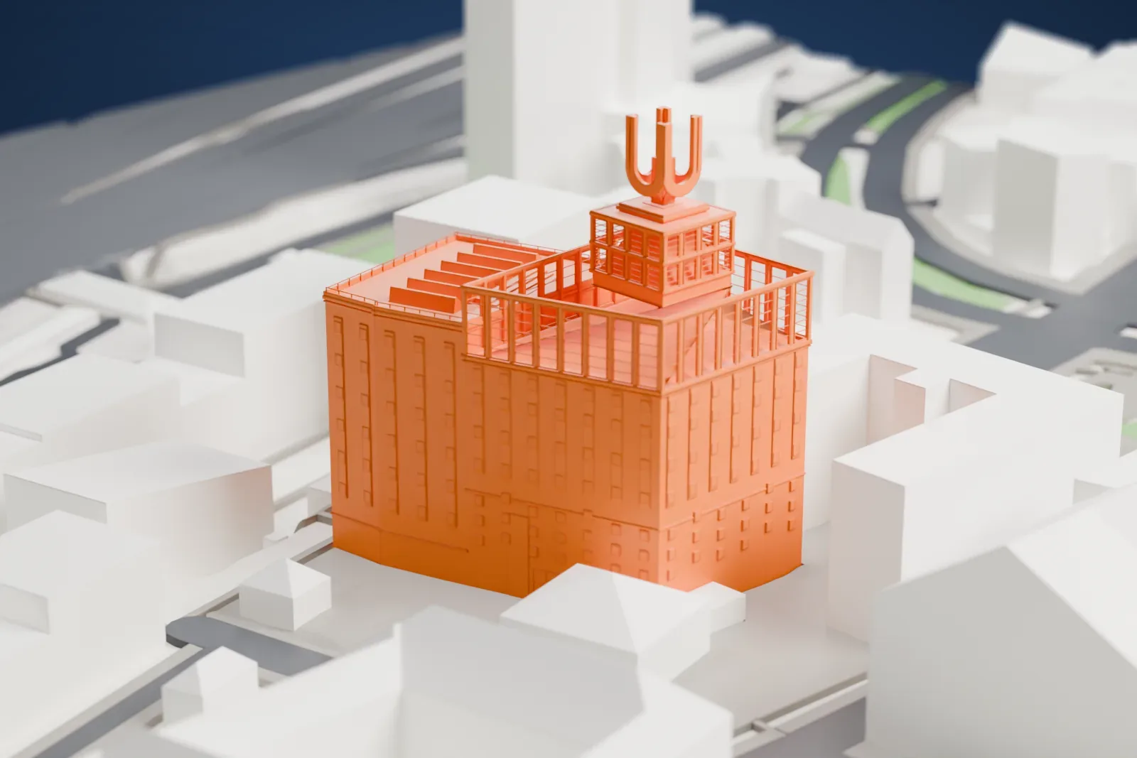 A white 3D print of Dortmunder U among surrounding streets and buildings.