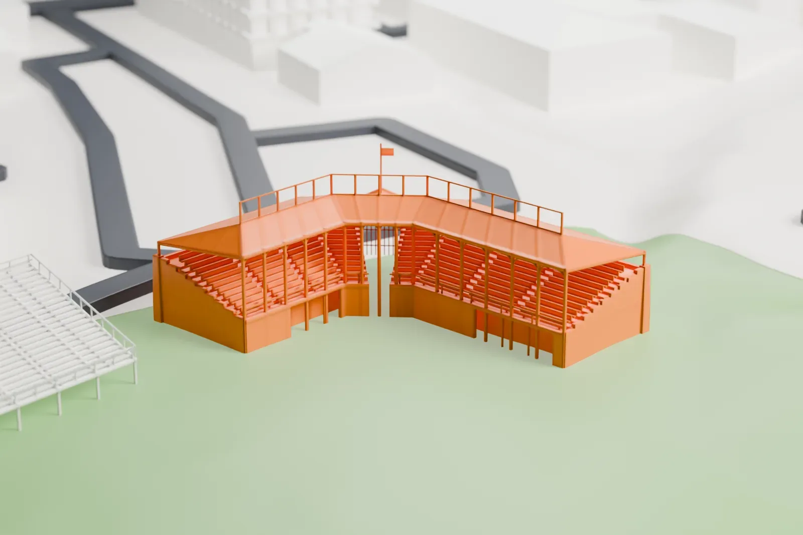 A white 3D print of Doubleday Field, a bent grandstand with a roofed main stand and a long open frame of posts and beams, beside a green ballfield ringed by houses and streets.