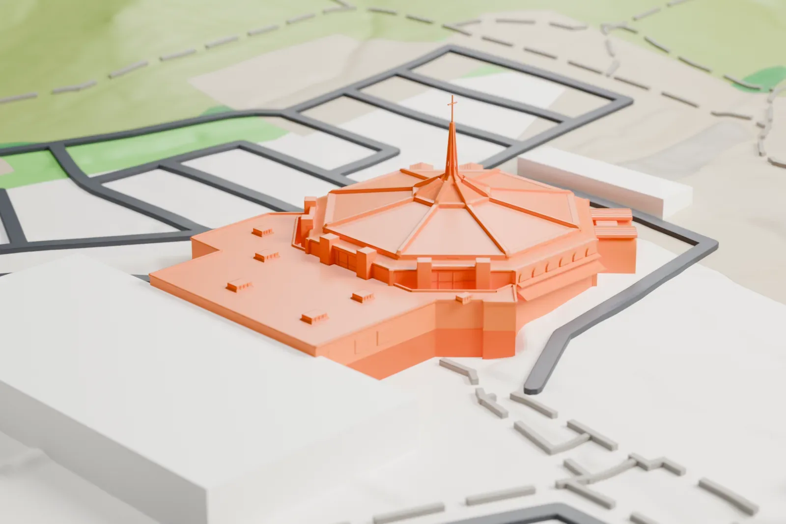 A white 3D print of Dream City Church, a round-roofed sanctuary with a central spire and low wings, on open ground with curving roads around it.