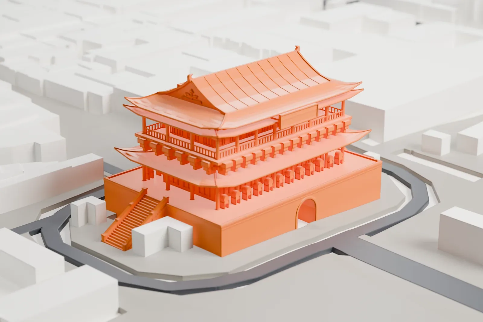 A white 3D print of the Drum Tower of Xi'an, with its three tiers of upturned roofs and arched brick base among city buildings.