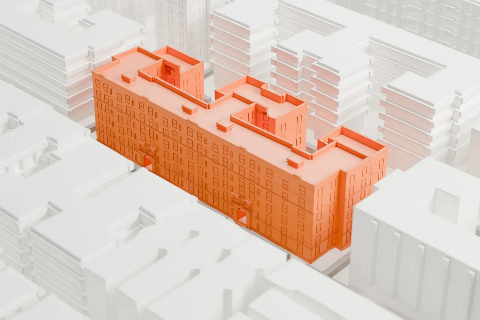 A white 3D print of the Dunbar Apartments, a low block of linked residential buildings with stepped roofs and small rooftop boxes, set among similar buildings along city streets.