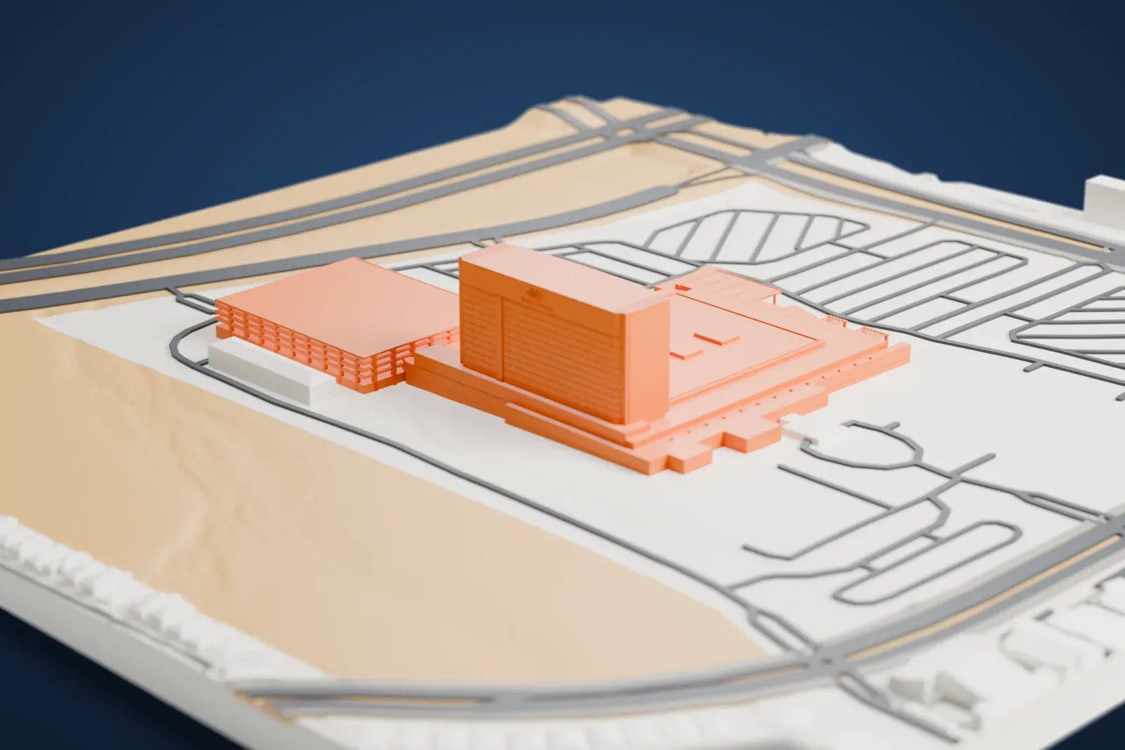 A white 3D print of the Durango Casino and Resort along Durango Drive in the Las Vegas Valley, with surrounding roads and buildings.