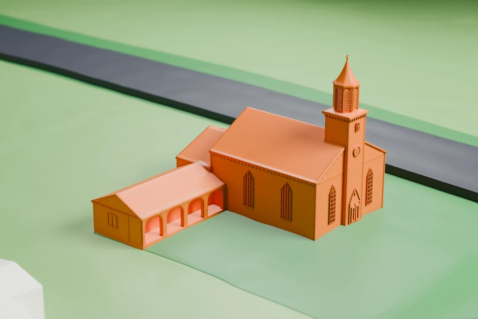 A white 3D print of Ramapo Reformed Church, a church with a spired belfry and a low arcaded wing, on a grassy lawn beside a road.
