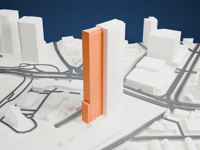 E-Tower model, West view