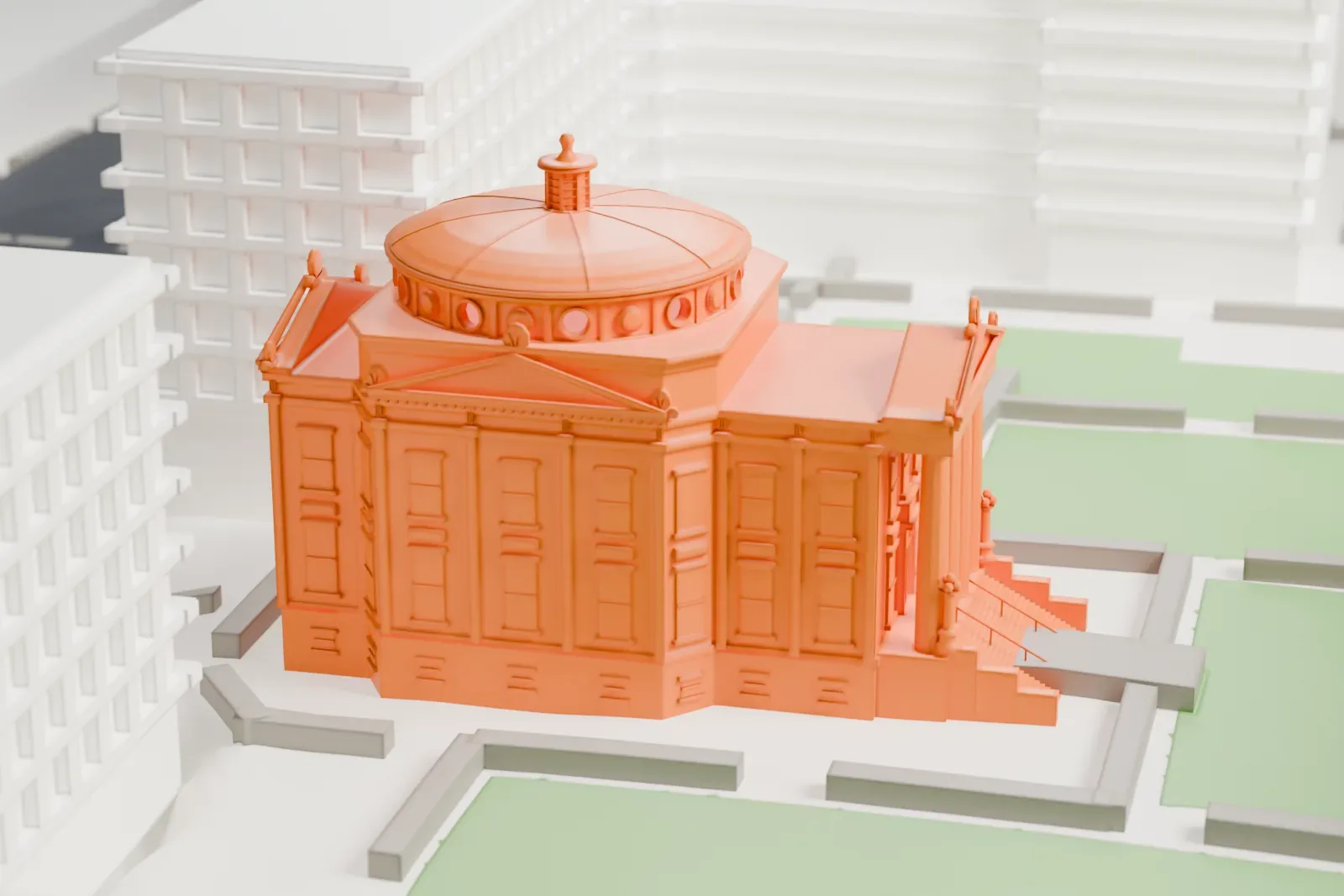 A white 3D print of Earl Hall, a building with a columned entrance porch and a round domed roof, set among larger buildings, lawns and paths.