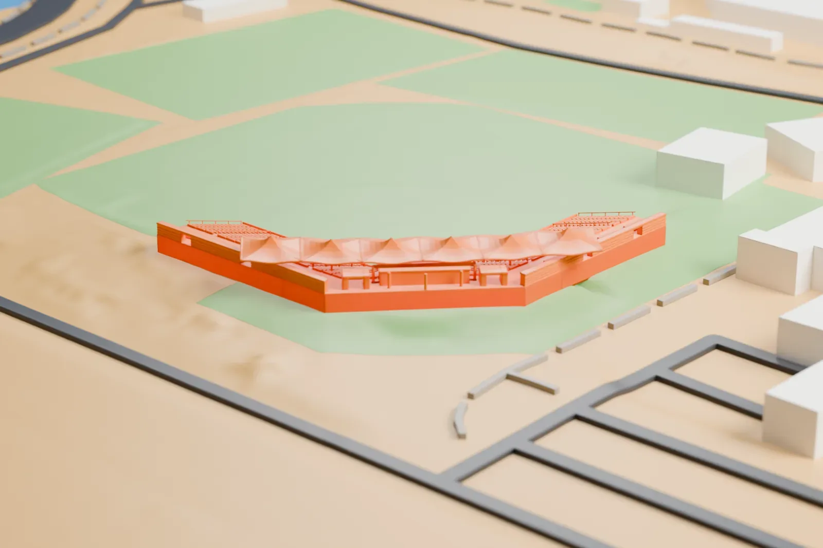 A white 3D print of Earl Wilson Stadium, a curved grandstand with a scalloped roof canopy wrapped around one side of a green field, with a few low buildings beyond.