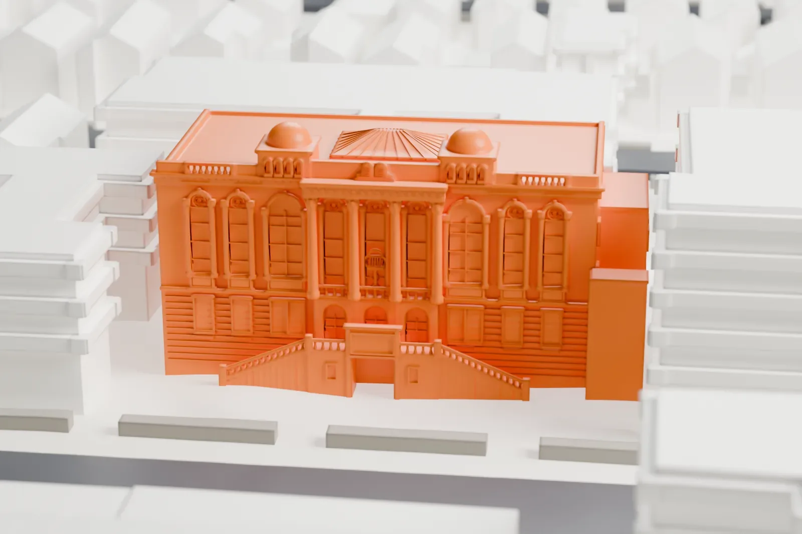 A white 3D print of the East Midwood Jewish Center, a boxy building with two small domes on the roof and a columned entrance up a wide staircase, among lower buildings.
