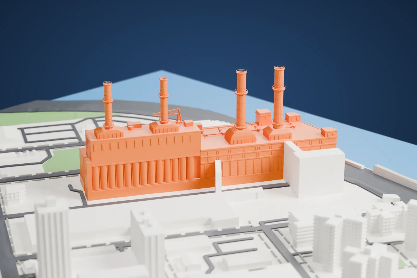A white 3D print of the East River Generating Station, a long industrial hall with four tall chimneys, beside an open waterfront and apartment blocks.