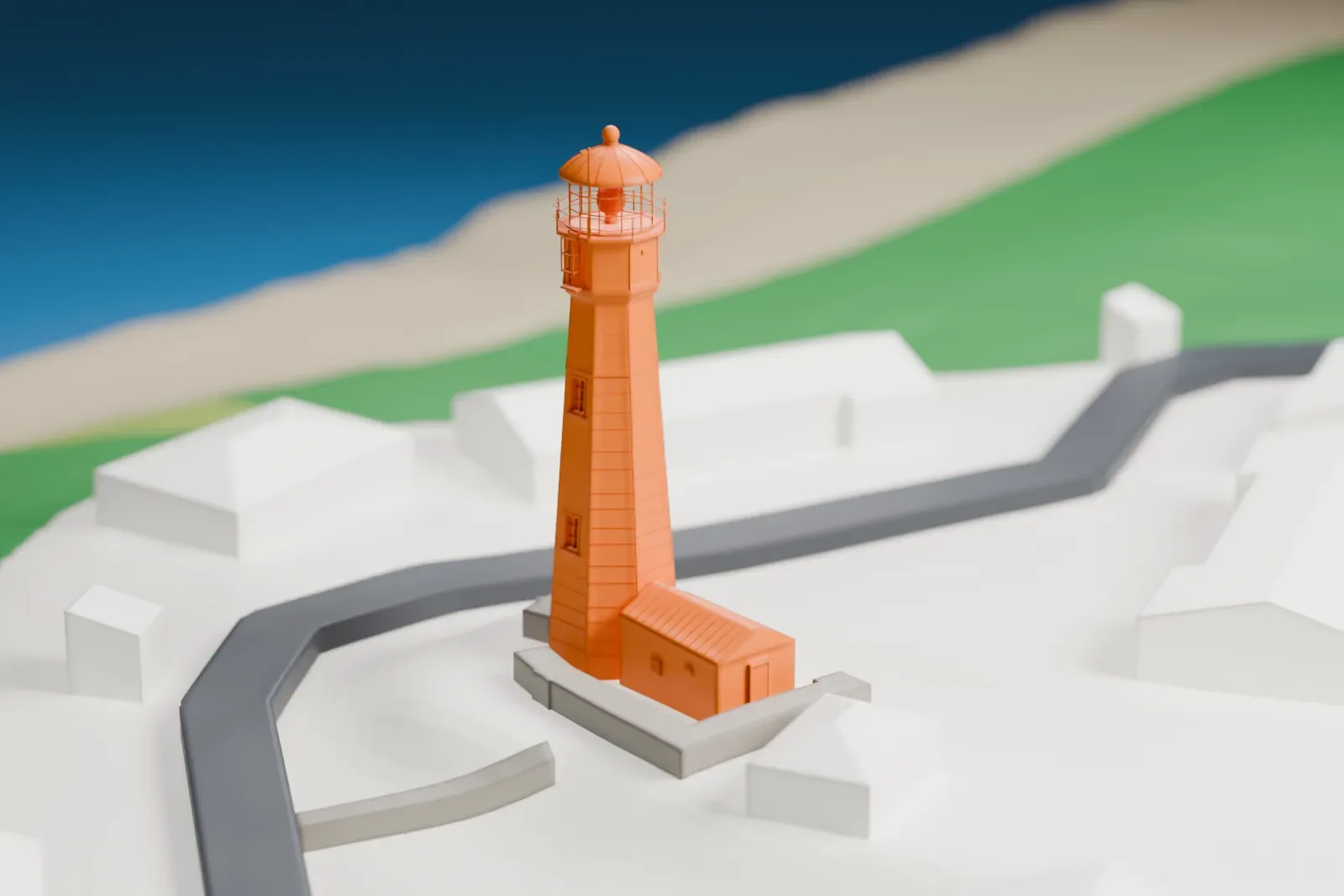 A white 3D print of Eatons Neck Light, a tall tapering tower with a railed lantern and a small attached building, standing beside roads and low buildings.
