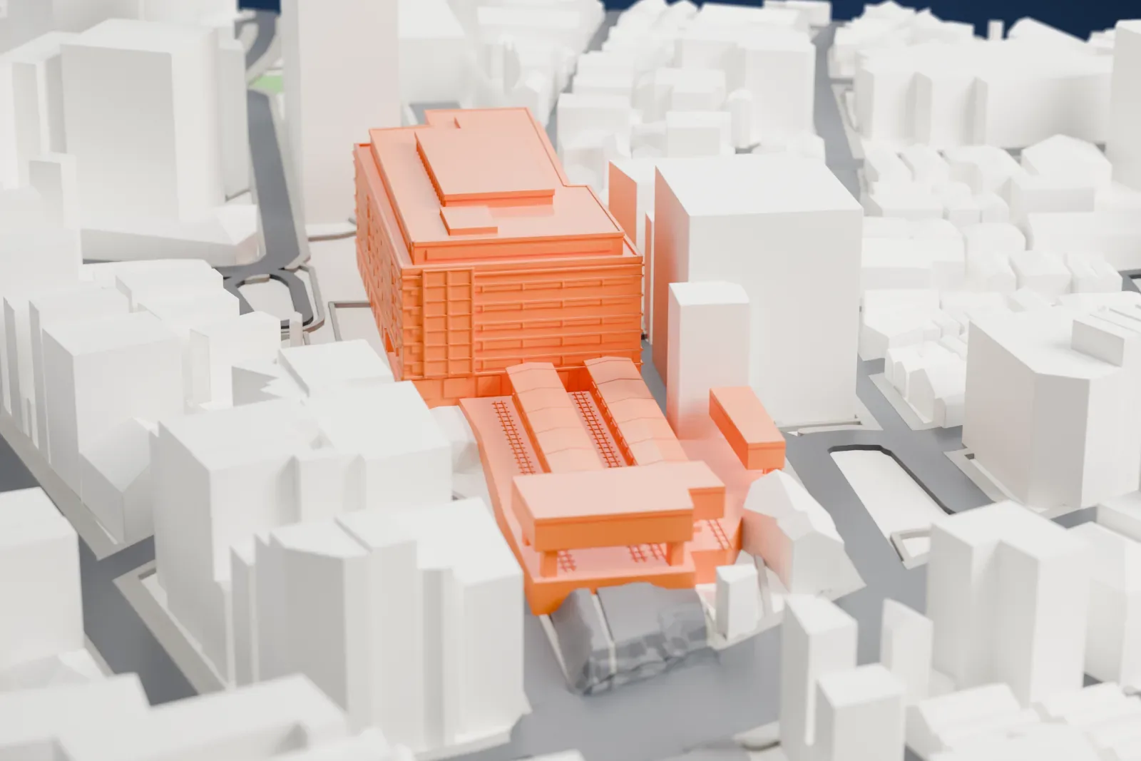 A white 3D print of Ebisu Station in Tokyo, a city station among the surrounding streets and buildings of Shibuya ward.