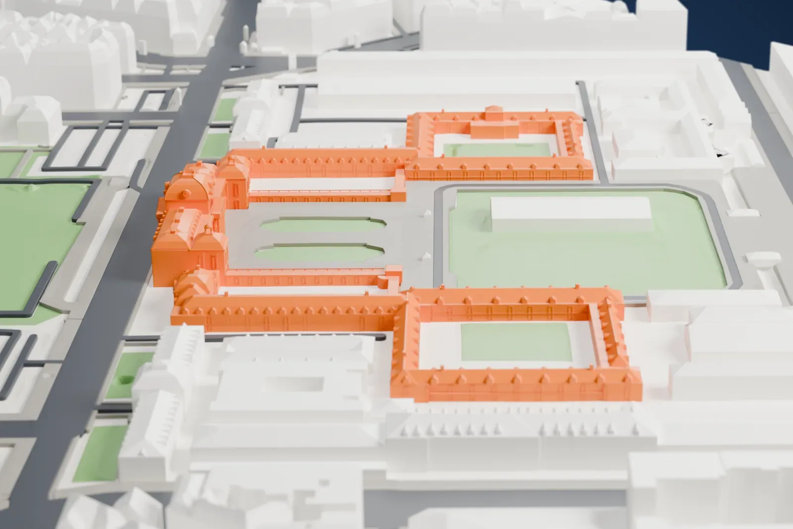 A white 3D print of the École Militaire, with its formal building fronts among surrounding streets and buildings.