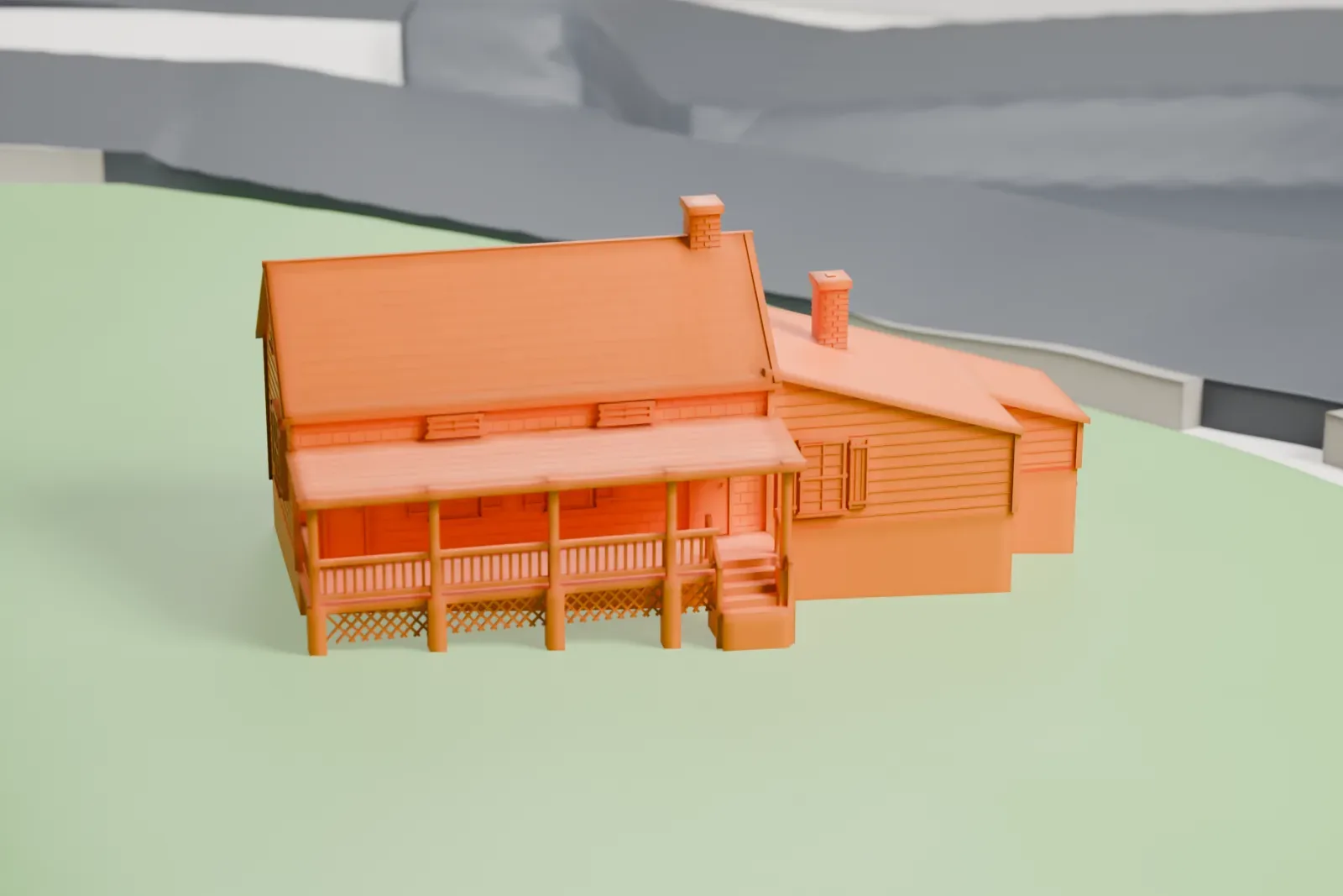 A white 3D print of the Edgar Allan Poe Cottage, a small house on a green park lawn, surrounded by dense city blocks and roads.
