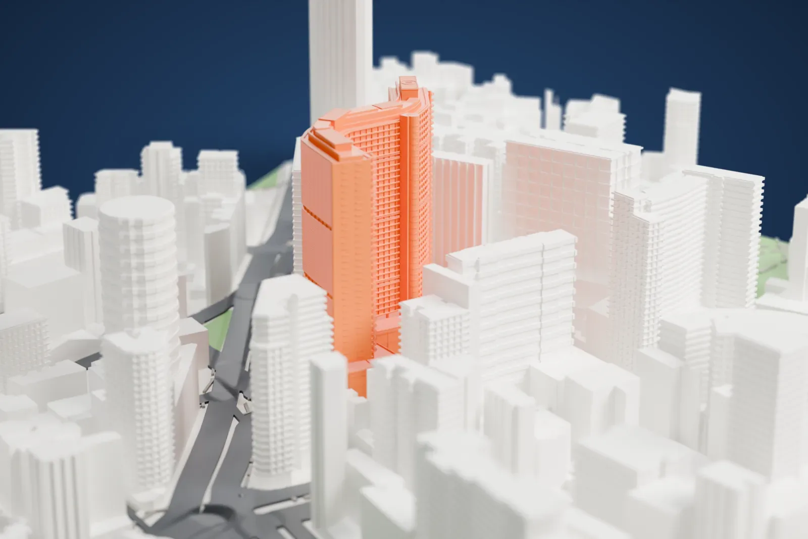 A white 3D print of the Edifício Copan model, showing its curved, horizontally banded facade among surrounding towers and streets.