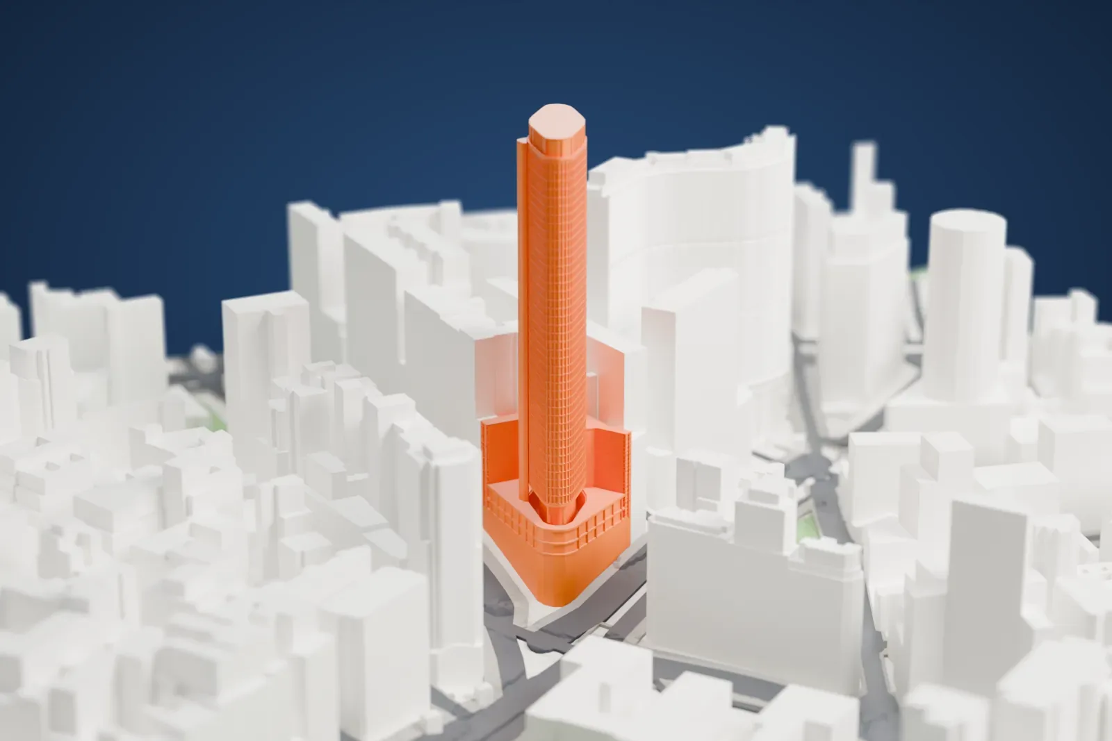 A white 3D print of Edifício Itália, a tall tower among the surrounding buildings of central São Paulo.