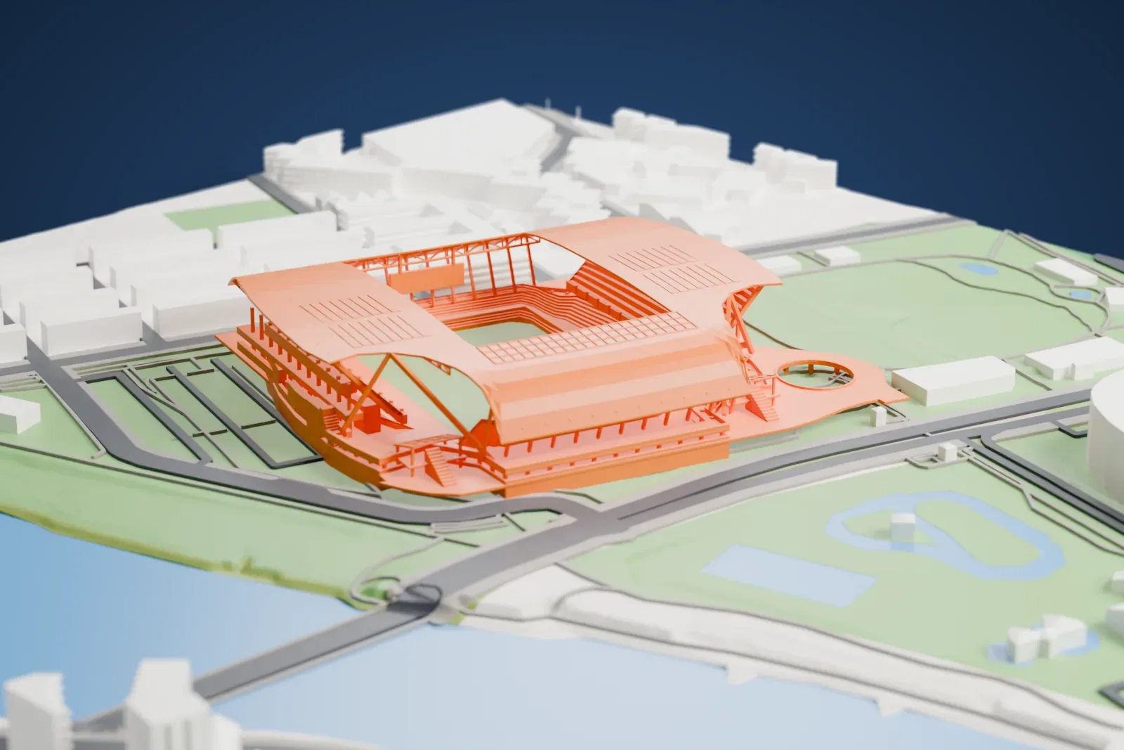 A white 3D print of the Edion Peace Wing Hiroshima, showing its curved saddle roof and open south corners, among surrounding streets and buildings.