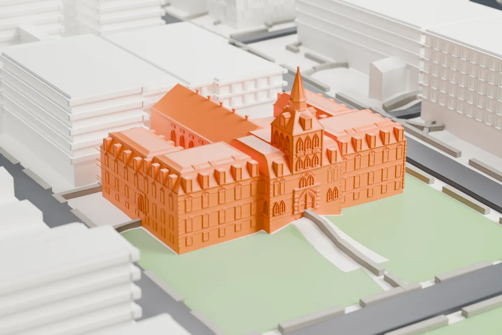 A white 3D print of Edwin A. Stevens Hall, a wide building with a central tower and spire and roofed wings, facing a green lawn with larger buildings around it.