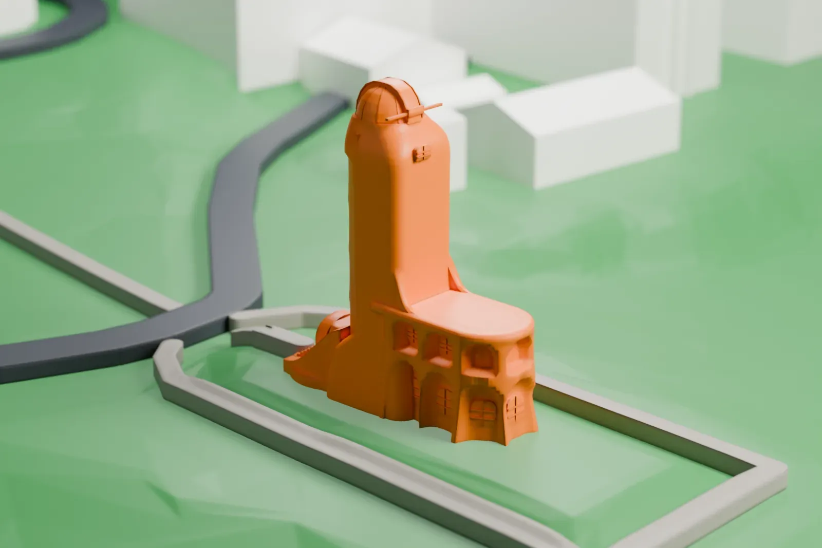 A white 3D print of the Einstein Tower among the surrounding streets and buildings.