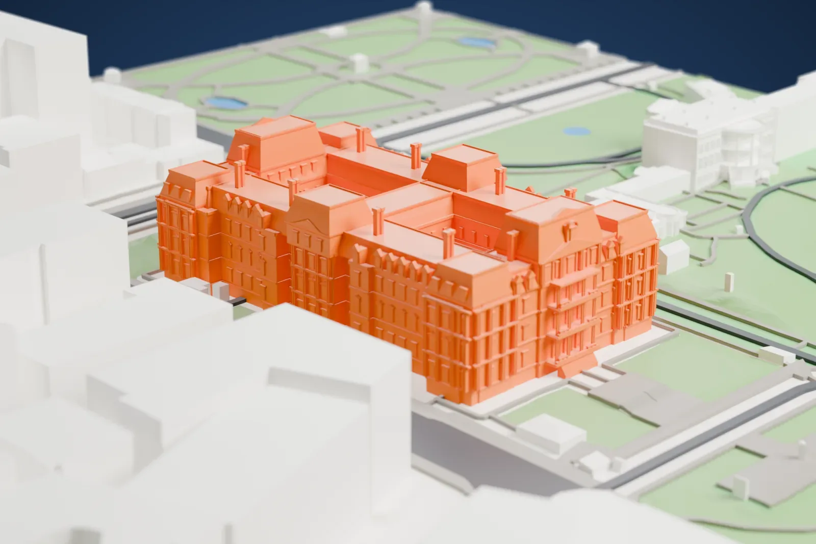 A white 3D print of the Eisenhower Executive Office Building, a broad government block, set among the surrounding streets and buildings of Washington, D.C.