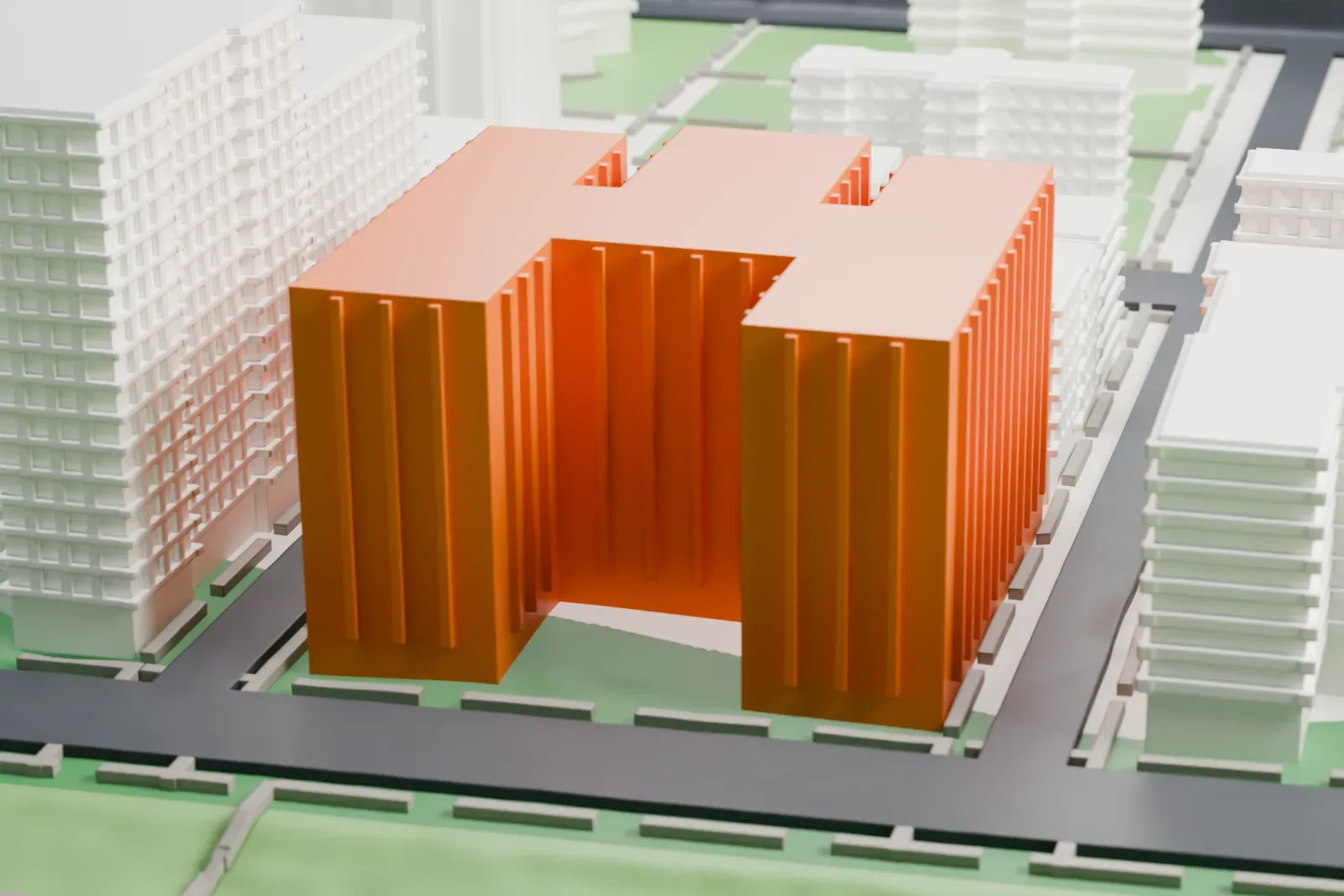 A white 3D print of El Museo del Barrio, a blocky building with an H-shaped plan and rows of windows, beside a park with winding paths and among larger neighboring buildings.