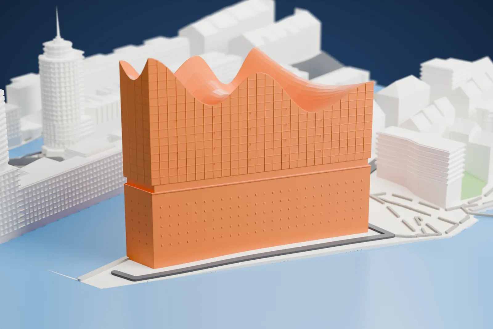 A white 3D print of the Elbphilharmonie, a tall block with a wavy roofline on a plain base, at the tip of a peninsula surrounded by water and nearby buildings.