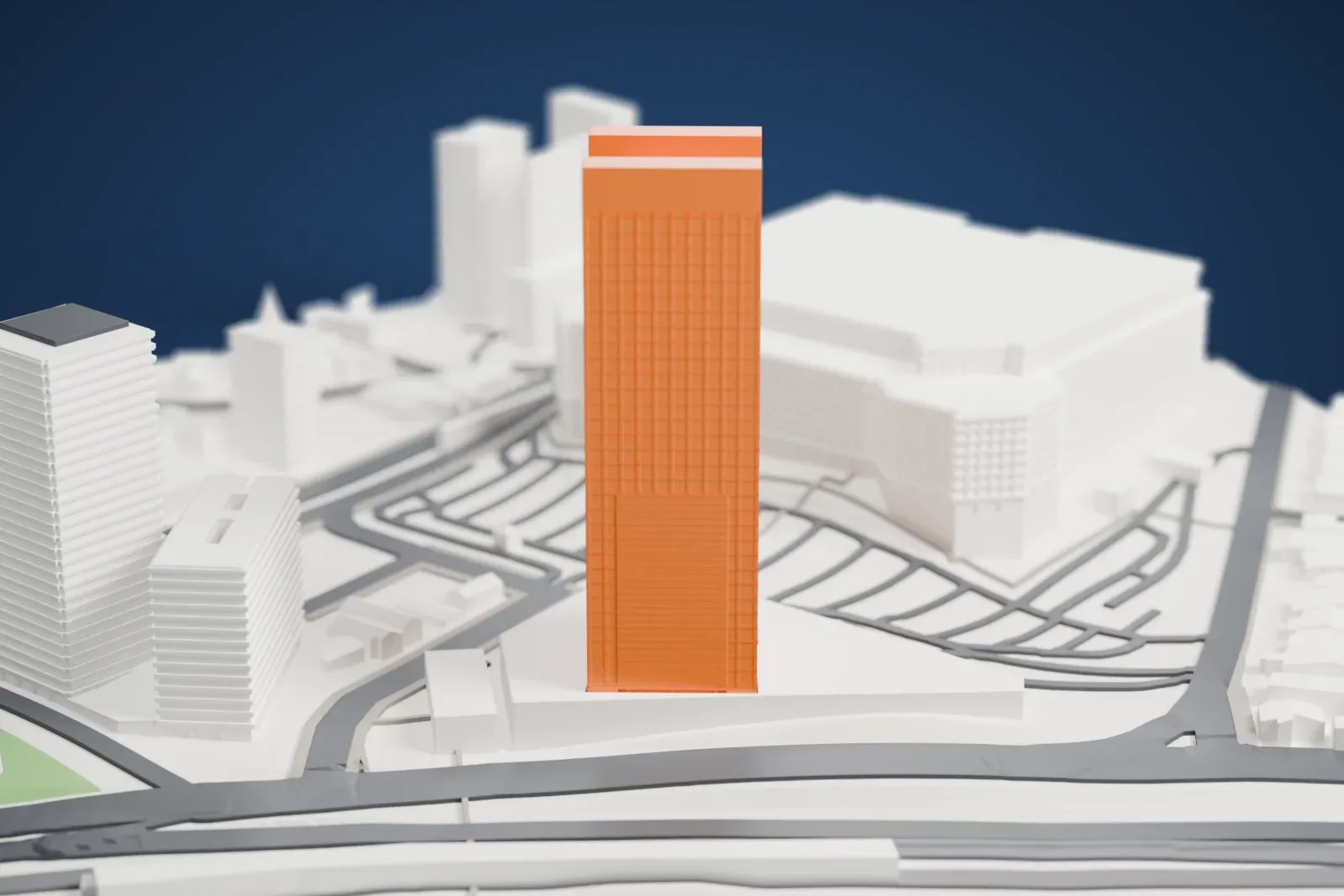 A white 3D print of Eldorado Business Tower, shown among the surrounding streets and buildings.