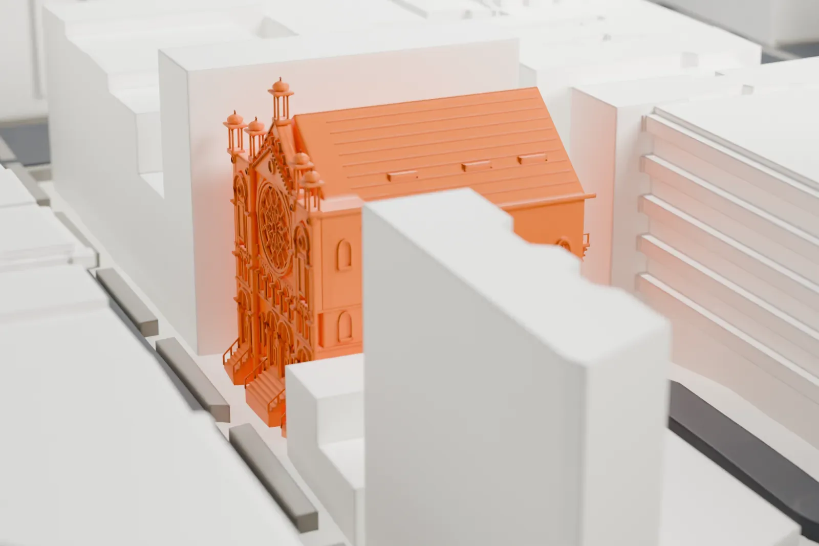 A white 3D print of the Eldridge Street Synagogue, a small gabled building among taller buildings and wide streets in Lower Manhattan.