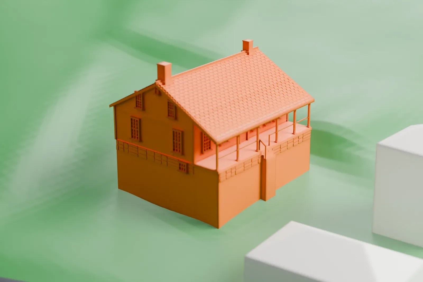 A white 3D print of the Elijah Miller House, a farmhouse with a gabled tile roof, two chimneys and a porch, standing on a lawn near a road with a few neighboring houses.
