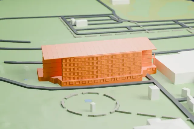 A white 3D print of the Ascot Stand, Ellerslie Racecourse model in Auckland, with the streets around it.