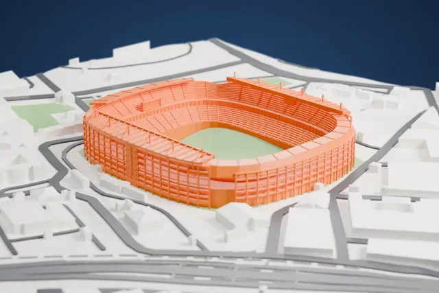 A white 3D print of Ellis Park Stadium, a bowl with deep cantilevered side roofs, a mast row and separate end roofs, among surrounding streets and buildings.