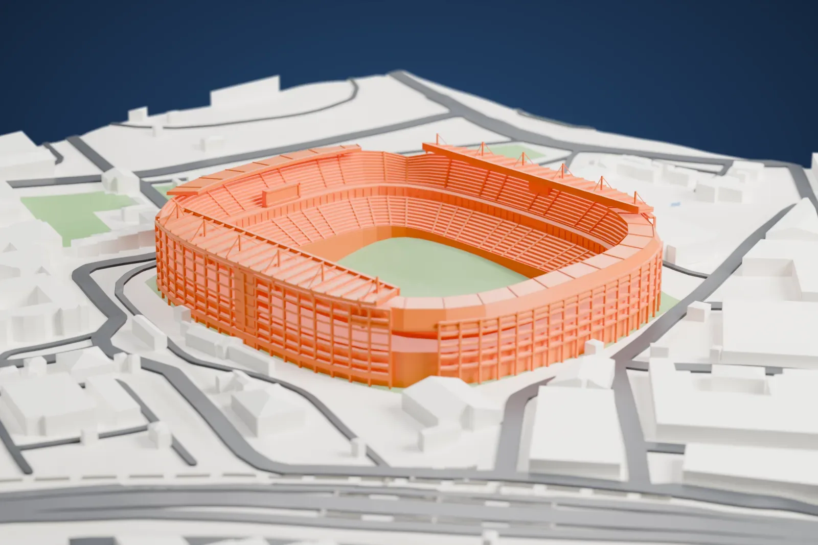 A white 3D print of Ellis Park Stadium, a bowl with deep cantilevered side roofs, a mast row and separate end roofs, among surrounding streets and buildings.