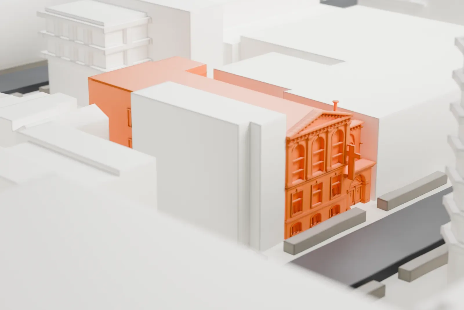 A white 3D print of Elmendorf Reformed Church, a low L-shaped building with a pedimented front and a small chimney, surrounded by taller buildings.