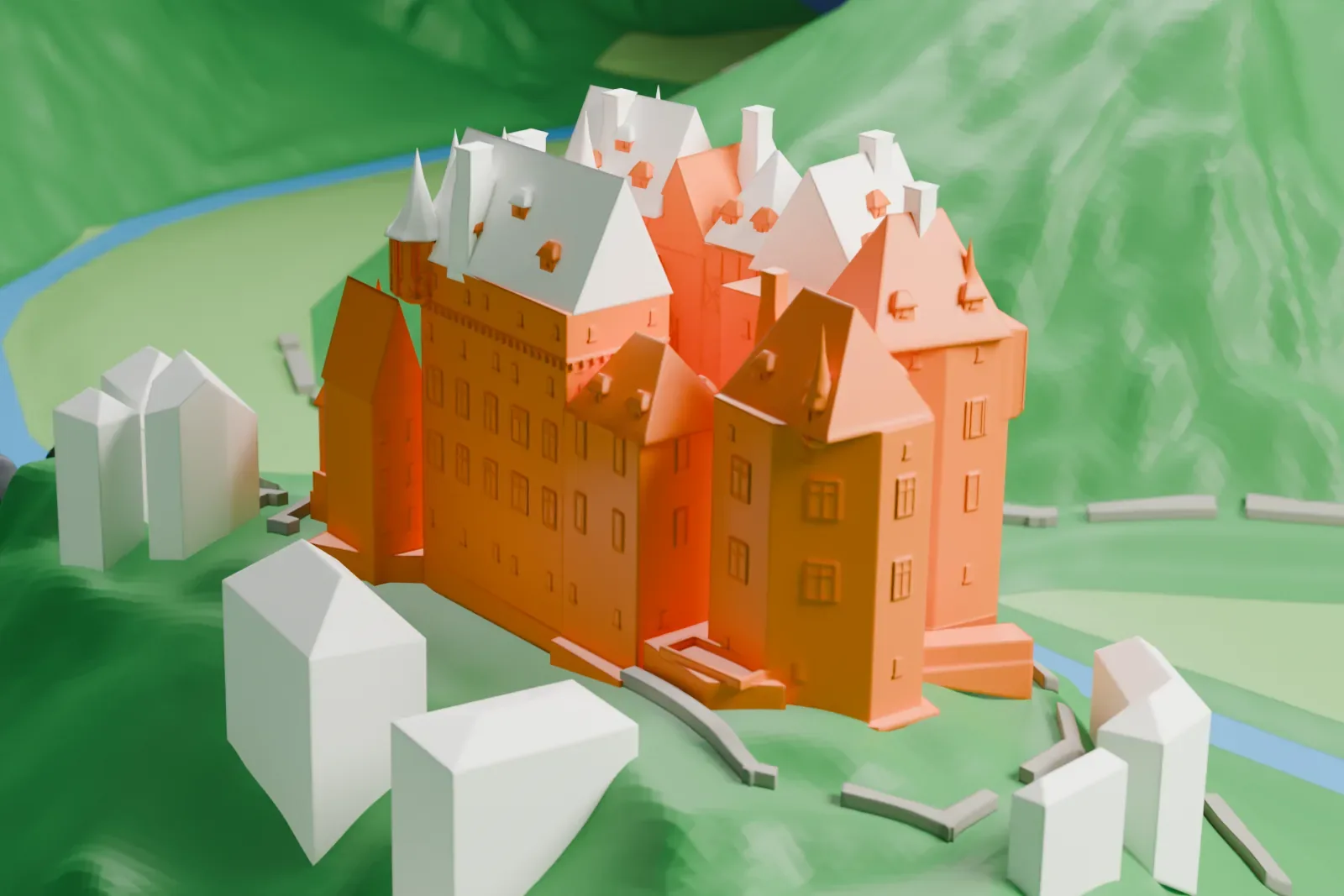 A white 3D print of Eltz Castle, a cluster of tall towers with pointed roofs and small turrets, standing on a green hillside with a river curving around it.