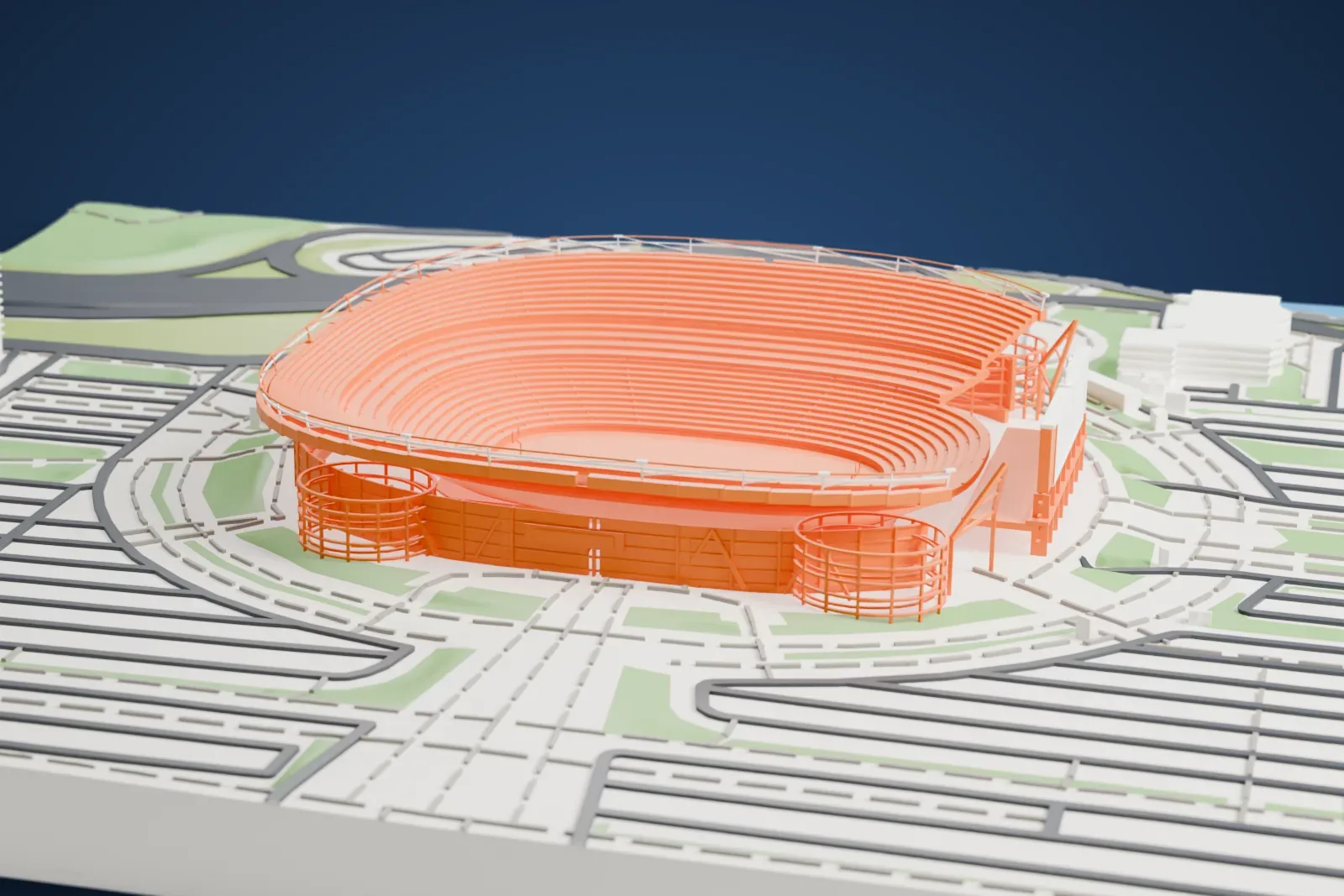 A white 3D print of Empower Field at Mile High, a horseshoe-shaped stadium bowl with a large video board at the open end, surrounded by paved areas, roads and green lawns.