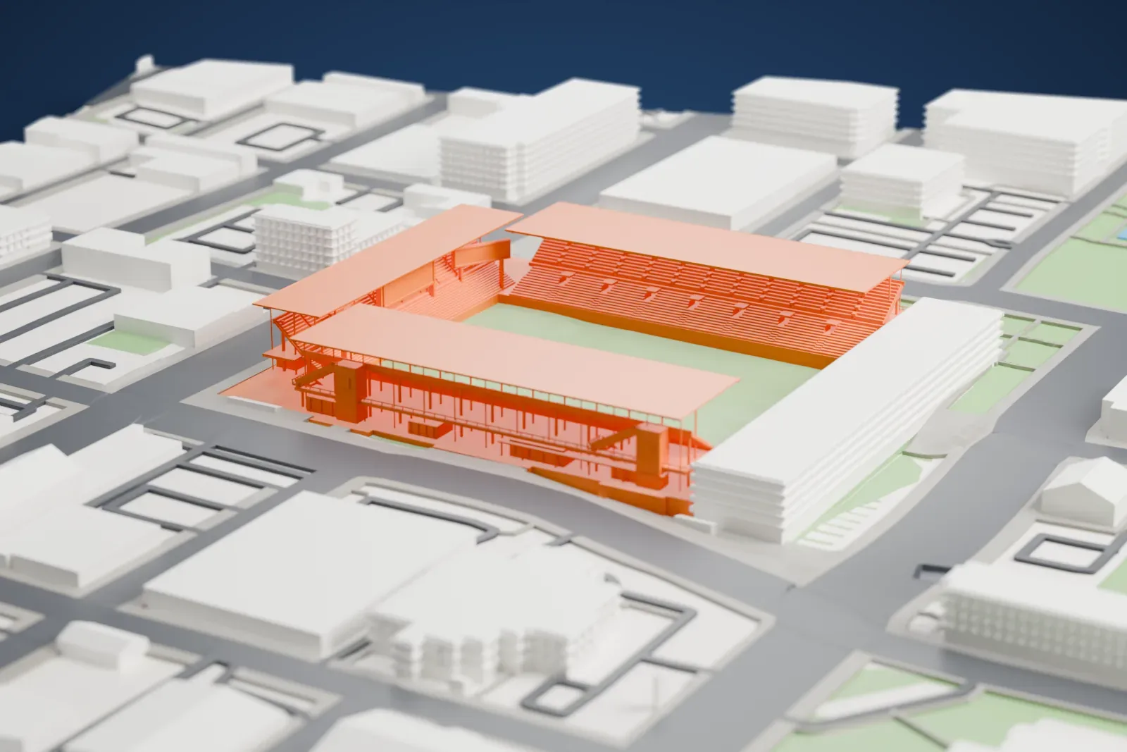 A white 3D print of Energizer Park, a rectangular stadium with two steep tiers under thin flat canopies, among surrounding streets and buildings.