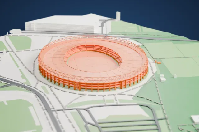 A white 3D print of Ernst-Happel-Stadion, a wide oval stadium with a lattice ring along its roof edge and rows of thin columns, surrounded by green fields, paths and a few buildings.