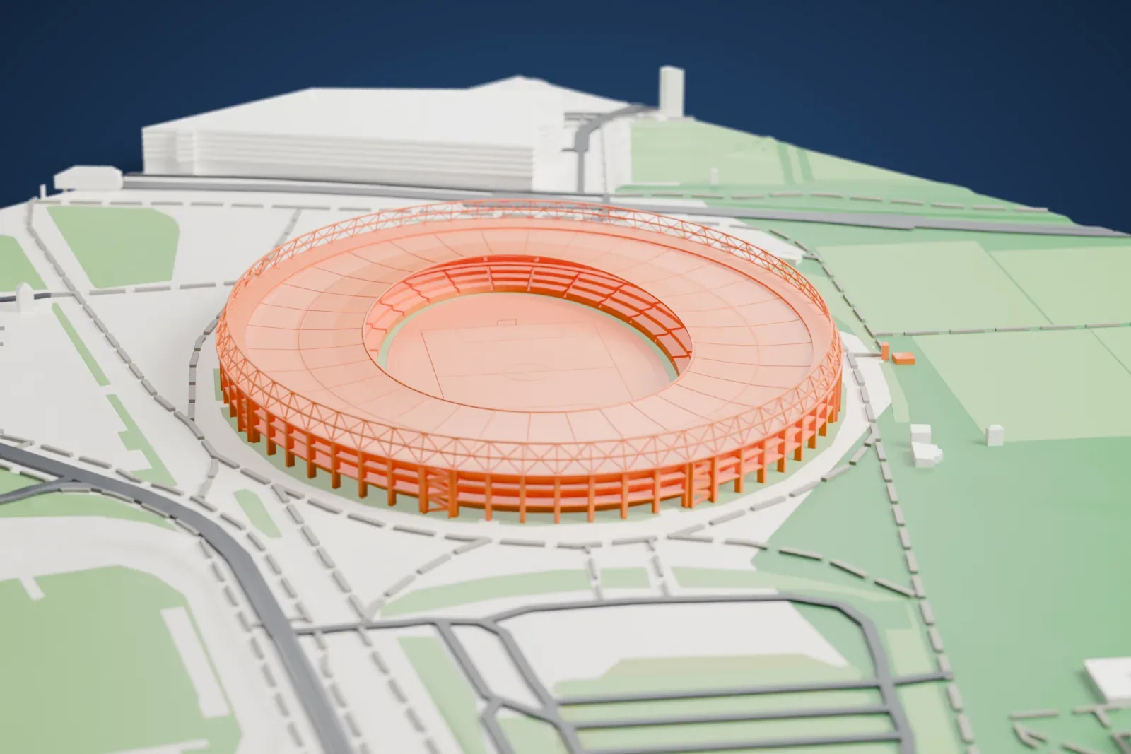 A white 3D print of Ernst-Happel-Stadion, a wide oval stadium with a lattice ring along its roof edge and rows of thin columns, surrounded by green fields, paths and a few buildings.