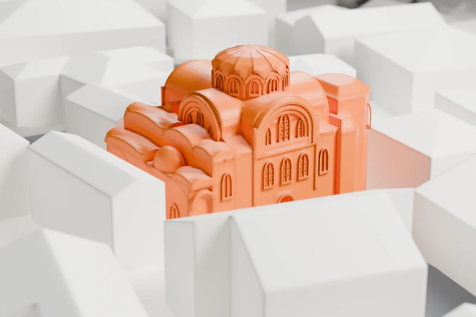 A white 3D print of the Eski Imaret Mosque, a domed former church among the surrounding streets and buildings.