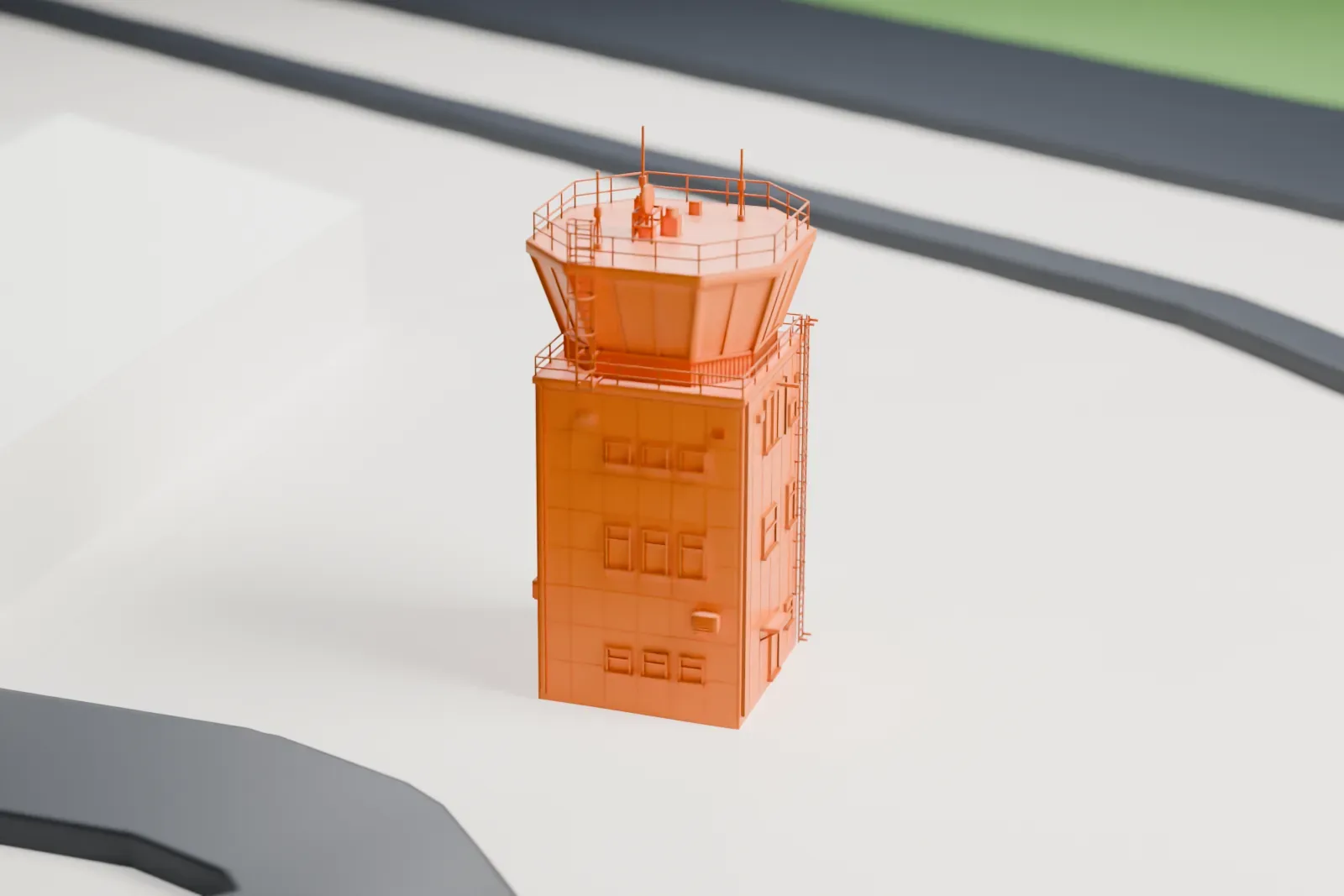 A white 3D print of the Essendon Airport Control Tower, a square base topped by an octagonal cabin with railed walkways, standing on open ground beside a road and a large low building.