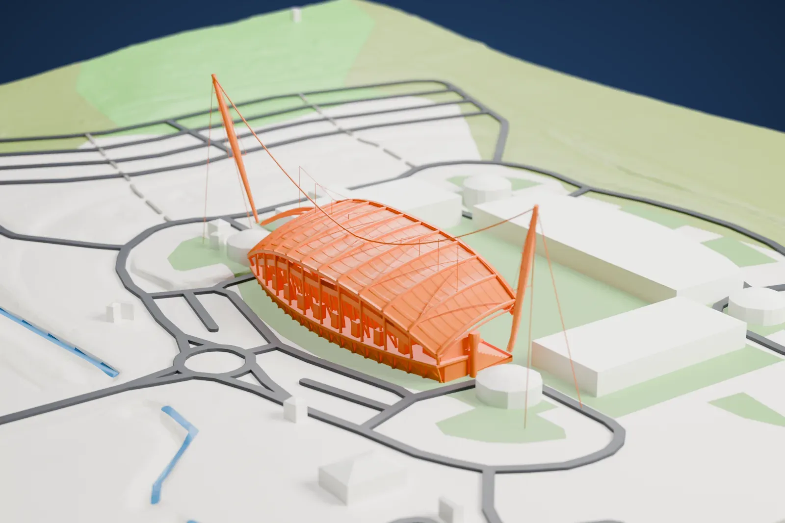 A white 3D print of the Estádio Algarve's main stand, with its wave-shaped roof, two raking masts and a cable sagging between them, among surrounding streets and buildings.