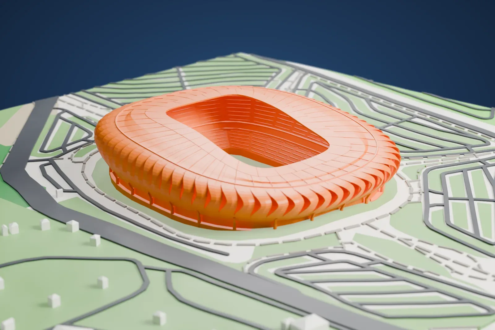 A white 3D print of Estadio BBVA, a rounded oval stadium with a ribbed outer wall and a wide roof ring around an open pitch, set among curving roads and patches of green.
