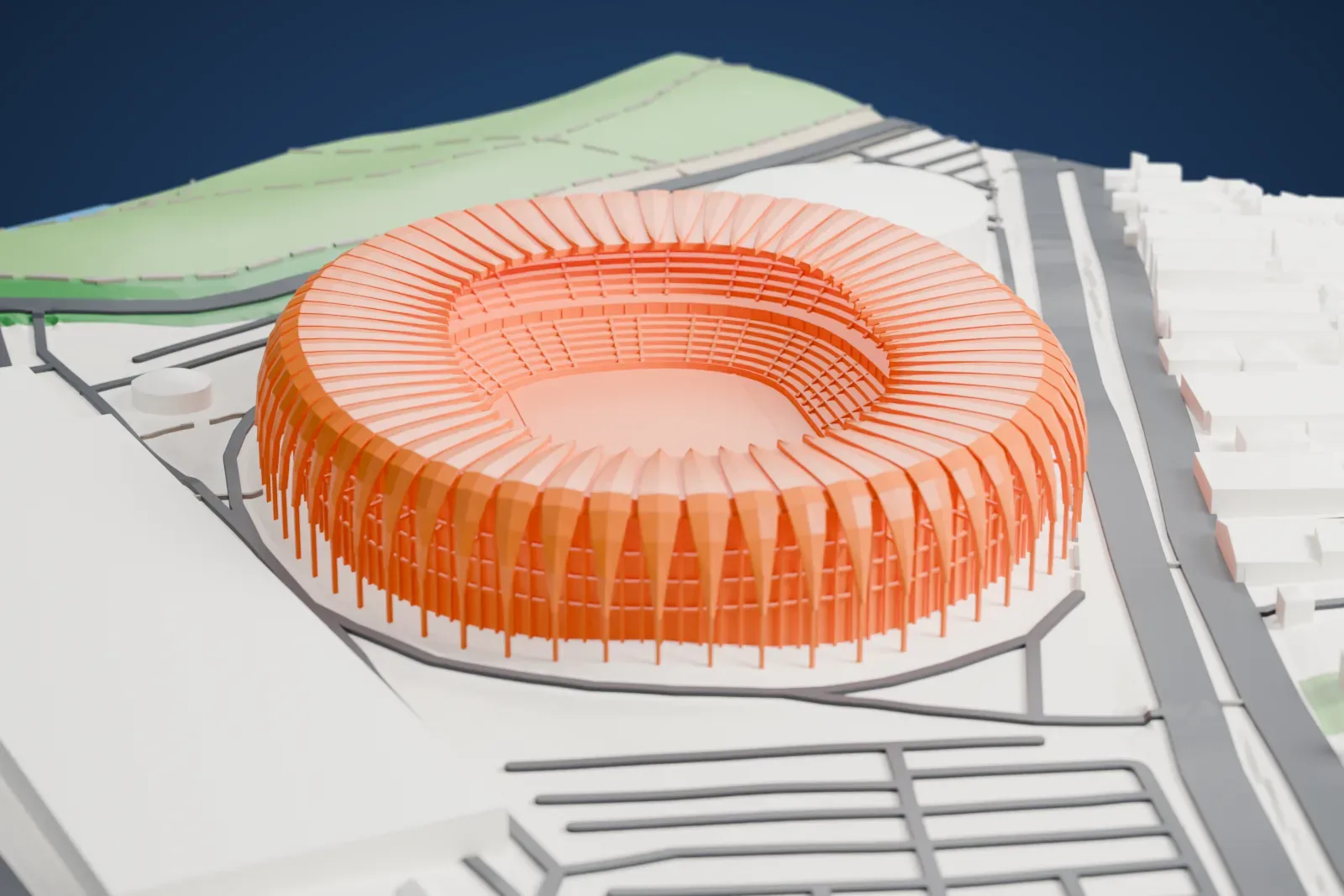 A white 3D print of the Estádio Beira-Rio, an oval bowl ringed by separate white leaf-shaped roof panels, among surrounding streets and buildings.